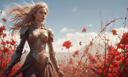 a female in a armor in a field of red flowers