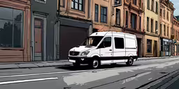 a van sits parked at a city street,a van drives down an empty street near a building