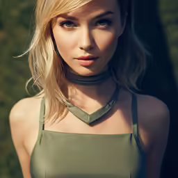 a woman wearing a black tie on top of a green dress