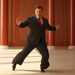 a man in a suit with his hands out