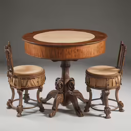 a table and two chairs with a round wooden table top