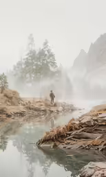 the man is fishing in the misty lake