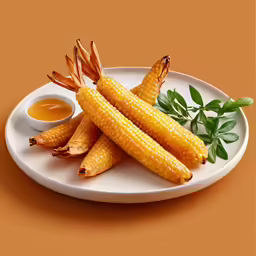 corn with a dipping sauce on a white plate