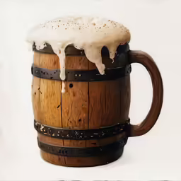 a brown beer cup filled with liquid on top of wooden barrel