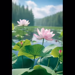 several lotuses with green leaves in a pond