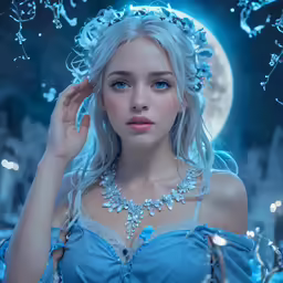 a beautiful blonde woman wearing a blue dress with a crown