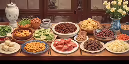 many bowls with different fruits and veggies on a table