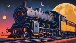 an old fashioned locomotive train rides under a full moon,a train traveling through the desert at night