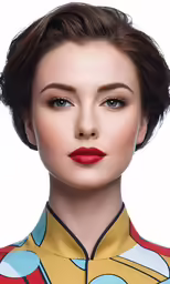 a woman with dark hair and bright makeup