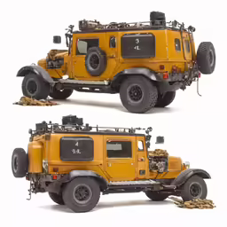two images of the side and back of a yellow off road vehicle