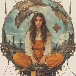 a woman sits in a nest surrounded by birds