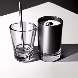 a glass next to a metal tube on a table