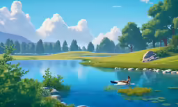 a painting depicting a man in a small boat at a river with water