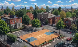 a tennis court with trees and buildings in the background