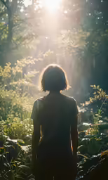 a person with long hair standing in a forest