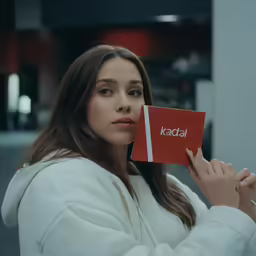 a girl holding up a red kapad notebook