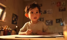 an asian child sitting at his desk with a book and pen in his hands