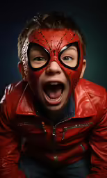 young boy with red costume and red leather mask