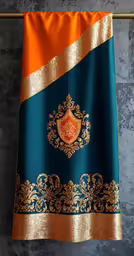 a blue, gold and green stole hanging on a wall