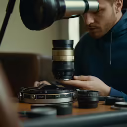 the person is examining the camera with his camera