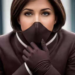 woman in brown coat and gloves holds her nose to her chin