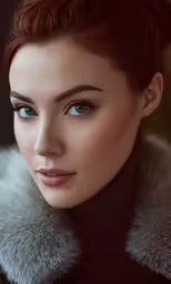 a beautiful woman with a fur collar wearing blue eyes