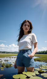 young woman posing in water surrounded by lily pads