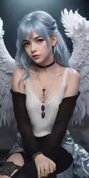 a girl is sitting down with wings on her body