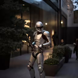 a man dressed as a storm trooper in an urban setting