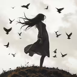a woman standing on top of a hill looking at birds