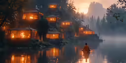 a person sitting on a boat at a lake