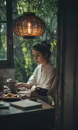 a woman that is sitting in a chair near a table
