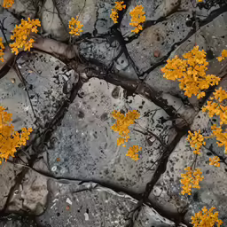 some yellow leaves are growing up on the rocks