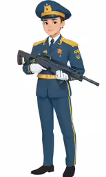 the character in uniform, holding a rifle