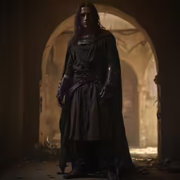 the man with the sword is dressed in dark clothing