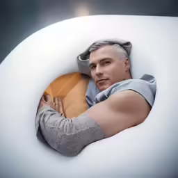 a man in grey shirt laying down with an instrument