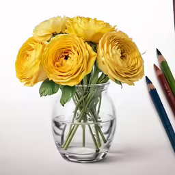 two pencils sit next to the flowers in a vase