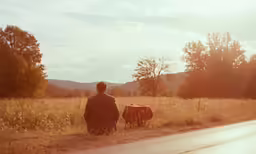 a man walking on the side of a road next to a cow