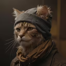 a yellow and white cat wearing a gray hat
