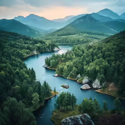 a view of a beautiful landscape with mountains and lakes