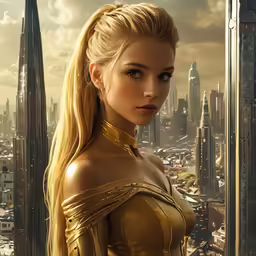 a woman dressed in gold, looks out over a city