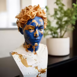 a woman painted with blue and yellow paint and brown hair