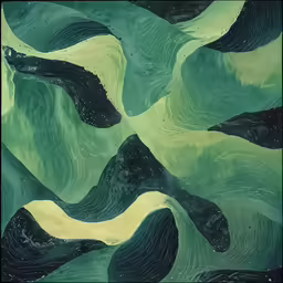 a painting depicting several green, yellow and black shapes
