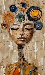 a drawing of a woman with multiple circles on her head