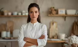 a young woman standing in a kitchen looking at the camera