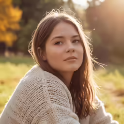 woman in a sweater looking away with sunshine behind her