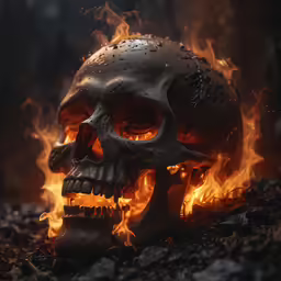 a burning skull on the ground with fire in it