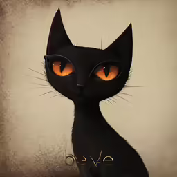 an artistic black cat with orange eyes on a brown background