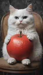a cat sitting in a chair holding an apple