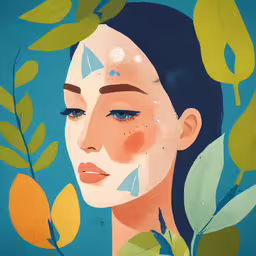 illustration of woman with skin grafitti and leaves in background,an artwork of a woman with blue eyes and a white face